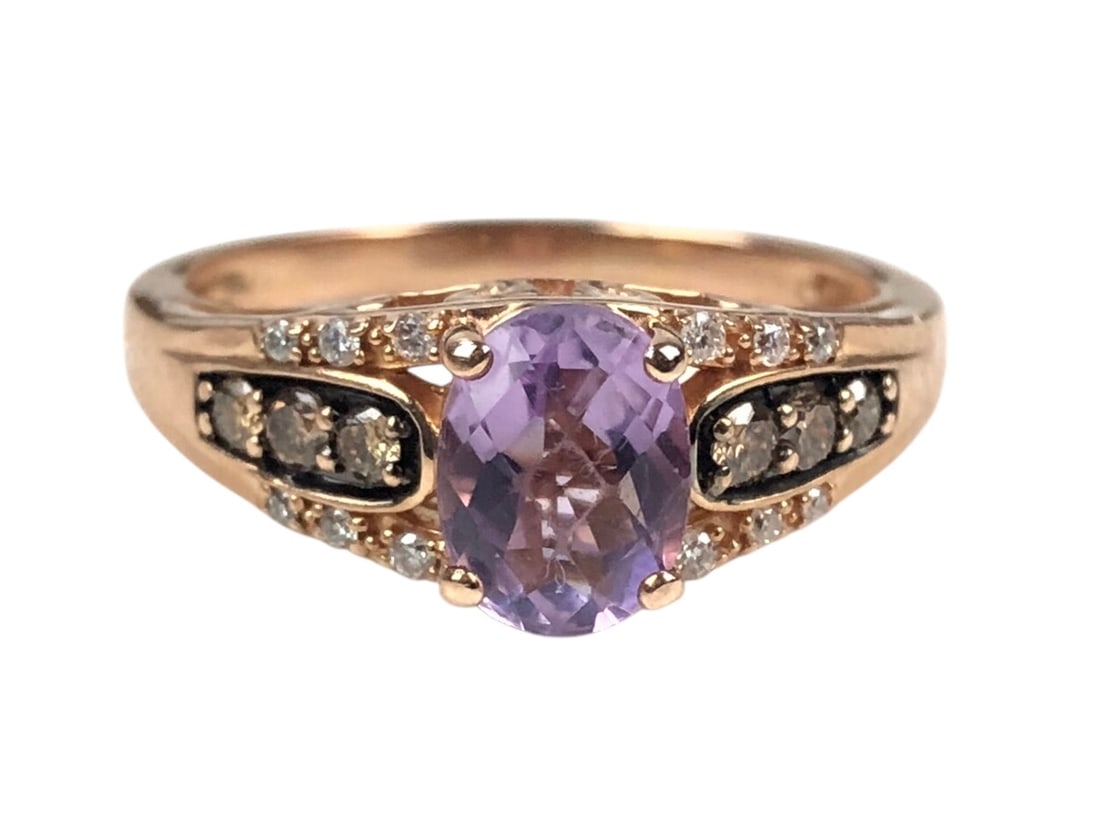 Le Vian 14K Rose Gold Amethyst & Natural Diamond Ring, Size 9 - #JCB2: Stamped 14K and hallmarked Le Vian on the shank (ring has been sized, most of hallmark remains visible). Jeweler verified. Total Weight: 4.7 grams. 5"H x 10"W x 7"D LOCAL PICK-UP: SATURDAY, JULY 12TH 