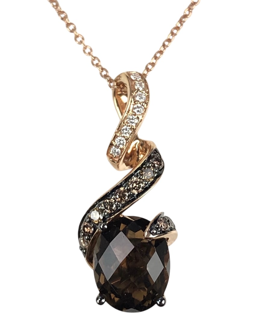 Le Vian 14K Rose Gold Smoky Quartz Chocolate / White Diamond Ribbon Necklace - #JCB2: Set with one oval checkerboard smokey quartz stone, twelve accent round chocolate diamonds and eight accent round white diamonds.Stamped 14K on the clasp end tag and 585 on the clasp.Stamped 14KT and
