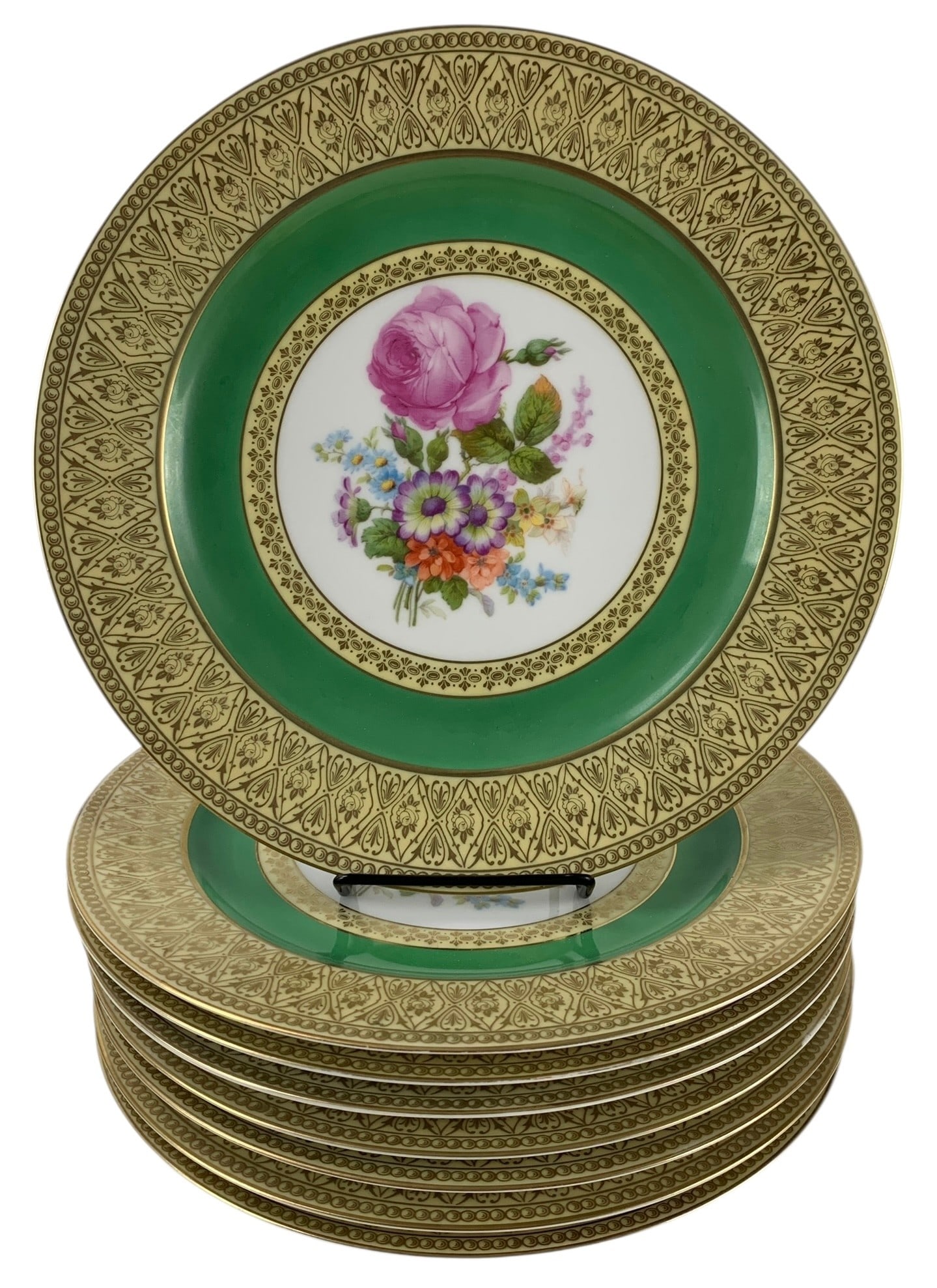 Bavaria P.T. Tirschenreuth Floral Porcelain Dinner Plates (Set Of 8) - #S13-2: Features two different floral sprays with green and gold borders.Studio decorated.Each plate is hallmarked on the back.Slight paint loss noted, and one plate has a small chip on the rim (see photos #1