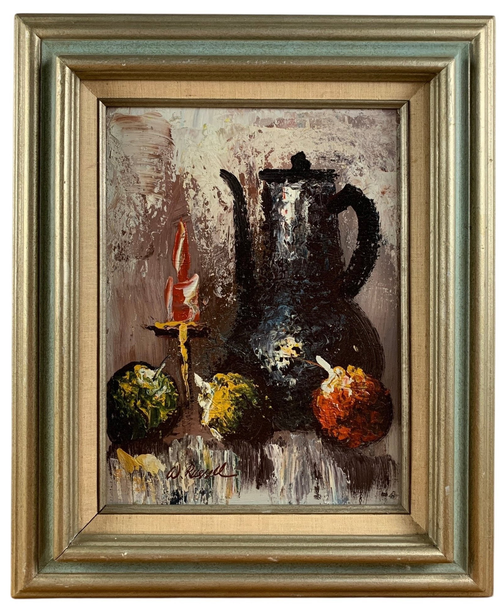 Impressionist Still Life Impasto Oil Painting, Signed W. Russell - #R3: Signed on the lower left. Good condition - no repairs noted. Framed without glass. Provenance: private estate. 22-1/2"H x 18-1/4"W x 2"D LOCAL PICK-UP: SATURDAY, JULY 12TH FROM 10AM-4PM. LOCATION: 35 