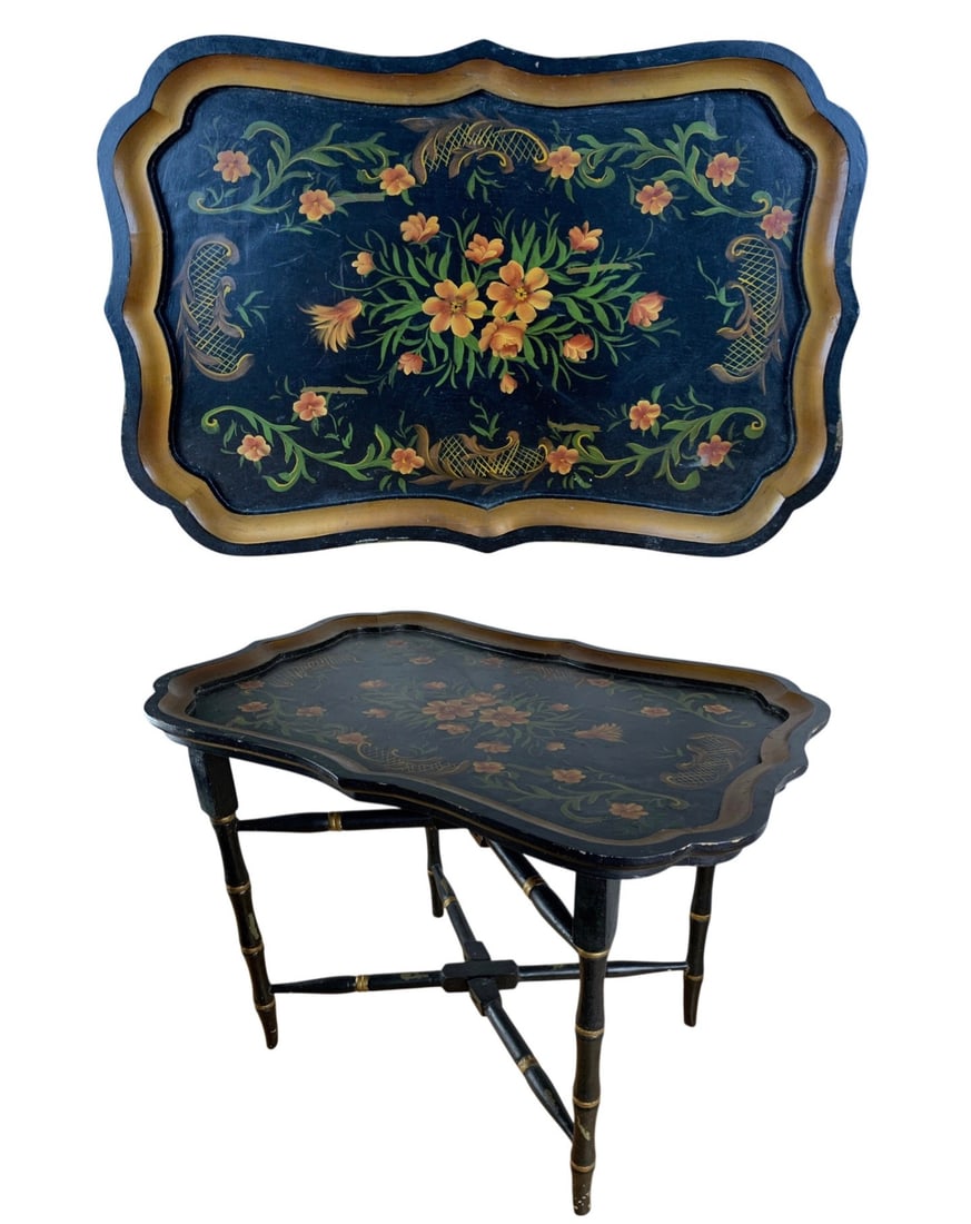 Antique Hand Painted Wood Tray Top Cocktail Table - #S11-6 (1 of 11)