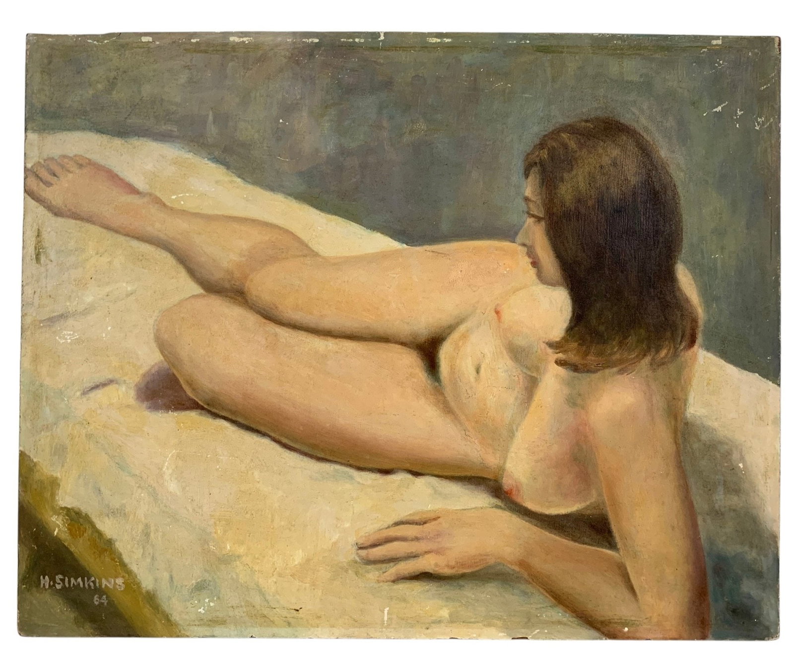 1964 Hilda Simkins (American, 20th Century) Signed Female Nude Study - #S20-F: Signed and dated on the lower left corner. Signed, inscribed and dated on verso. Medium: oil on canvas board. Condition: unframed, minor losses noted. 15-7/8"H x 20"W x 1"D LOCAL PICK-UP: SATURDAY, JU