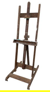 Mid-Century Collapsible Wood Art Easel On Casters, Possibly ANCO BILT - #BR: Adjusts to fit both large and small canvases.Folds flat for easy transport / storage.Wear consistent with age, usage.73-1/2"H x 26"W x 34"DPLEASE NOTE: THIS LOT IS ELIGIBLE FOR LOCAL PICK-UP OR THIRD-
