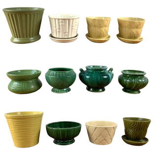 Collection Of Brush McCoy, McCoy Floraline & USA Pottery Planters - #S10-2: Good condition overall with wear commensurate with age, usage.15"H x 26"W x 25"DPLEASE NOTE: THIS LOT IS ELIGIBLE FOR LOCAL PICK-UP OR THIRD-PARTY SHIPPING ONLY. (PLEASE CHOOSE THE "ARRANGE YOUR OWN S