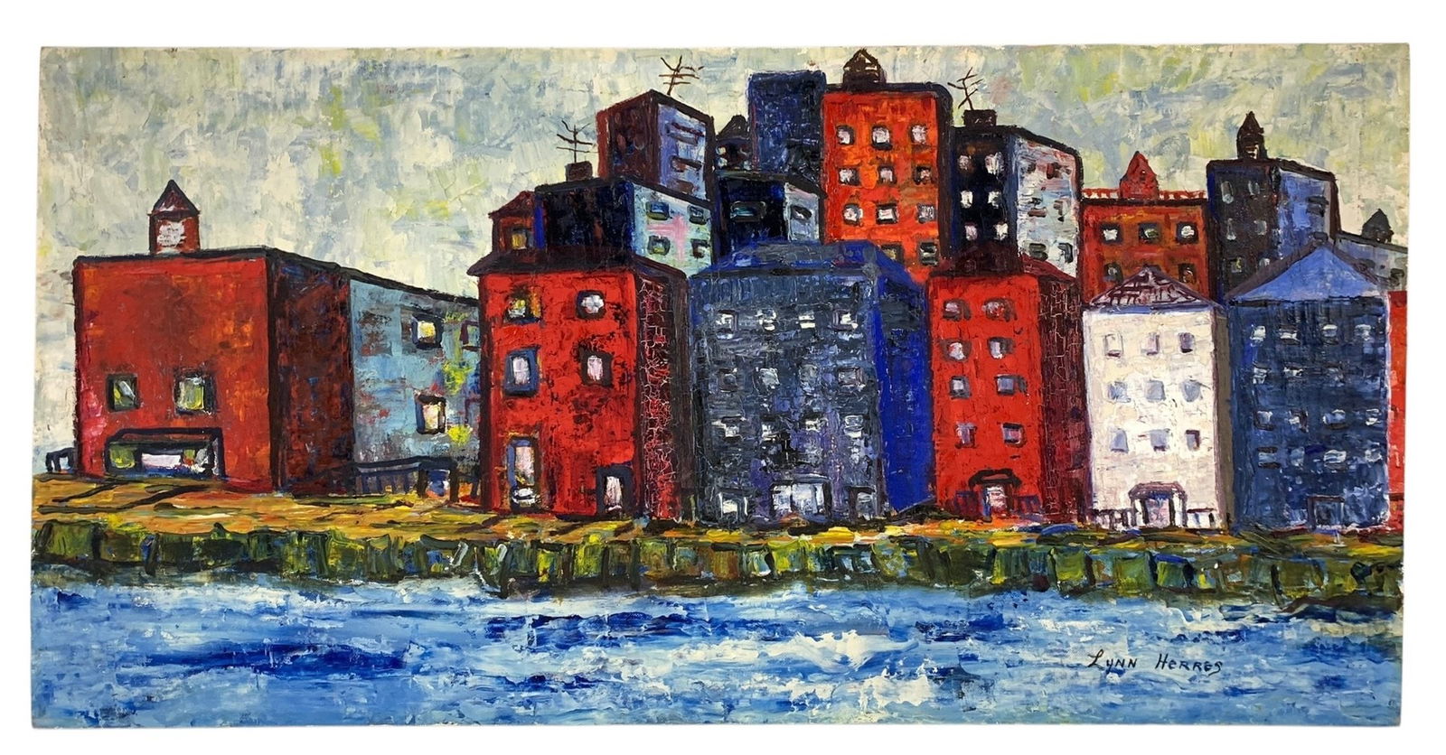 Urban Landscape Oil Painting, THE RIVER, Signed Lynn Herres 1968 - #S20-F (1 of 7)