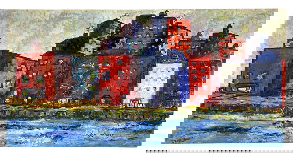 Urban Landscape Oil Painting, THE RIVER, Signed Lynn Herres 1968 - #S20-F: Signed on the lower left margin.Titled and dated on verso.Medium: oil on board.Condition: unframed, no repairs noted.15"H x 29-3/4"W x 1"DLOCAL PICK-UP: SATURDAY, JULY 12TH FROM 10AM-4PM.LOCATION: 35