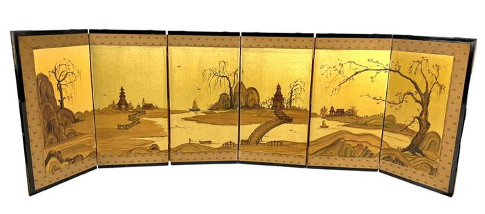Japanese Hand Painted Six-Panel Screen With Paper Hinges, Signed - #S23-3: Signed on the lower corner of the right-most panel.Condition: light stains, wear noted on the silk matte and outer edges.Unfolded Measurements: 62" W x 24"HFolded: 24"H x 12-1/8"W x 4-3/8"DLOCAL PICK-