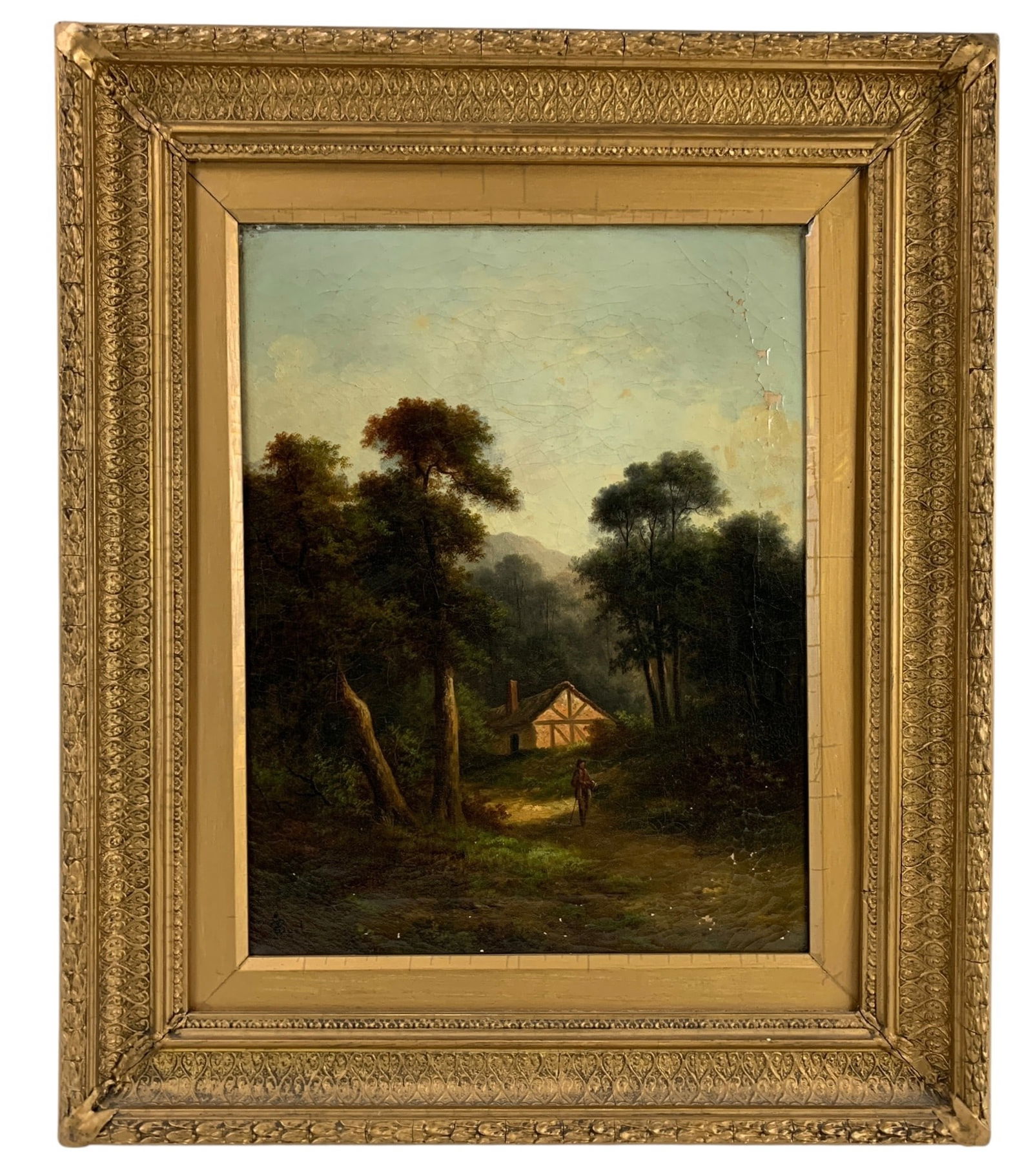 Antique Signed Landscape Oil On Canvas Painting, "Cottage In The Woods" - #A6: Signed on the lower left (possibly John Henry Boel). Condition: losses, craquelure noted throughout. Ornately framed without glass. Provenance: private estate, Canaan, CT. Measurements: 28-1/8"H x 21-