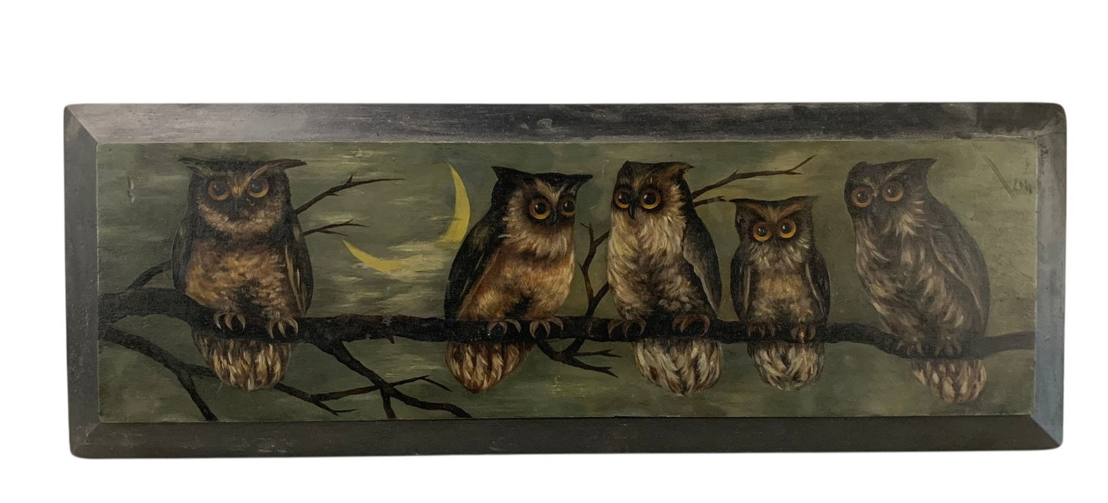 Moonlit Perched Owls American Folk Art Painting - #S19-F: Medium: oil on wood panel. Condition: good condition overall with minor wear noted. Measurements: 10-1/4"H x 27-3/8"W LOCAL PICK-UP: SATURDAY, FEBRUARY 21ST FROM 11AM-3PM. LOCATION: 35 MECHANIC STREET