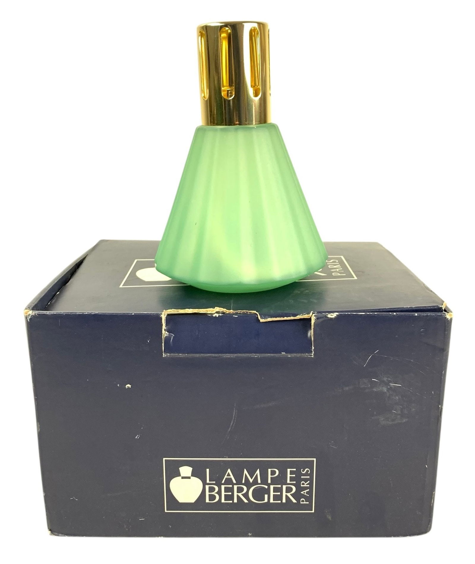 Mid Century Lampe Berger Paris Green Fragrance Diffuser (Made In France) - #FS-2: Includes original box and sleeper bag. Embossed "Lampe Berger Paris" on the underside and "Made in France" on the metal collar. Condition: no visible cracks or chips in the glass. Bottle Dimensions: 5