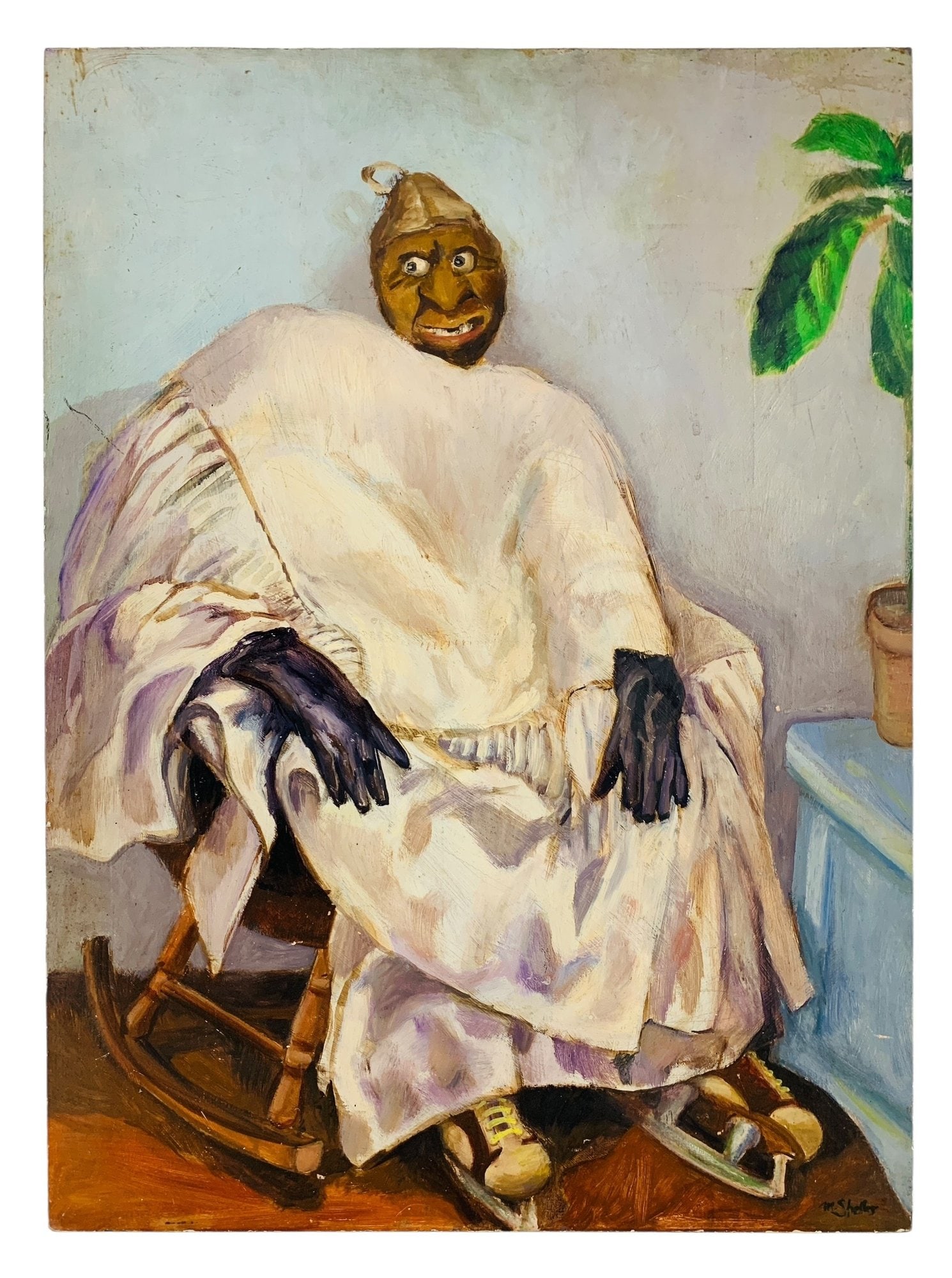 Schlitzie American Sideshow Performer Portrait Painting, Signed - #S12-F: Depicts Schlitzie "The Pinhead," an American sideshow performer and actor, who lived from 1901-1971. Signed on the lower right. Includes an additional painting on verso that appears to be been partial