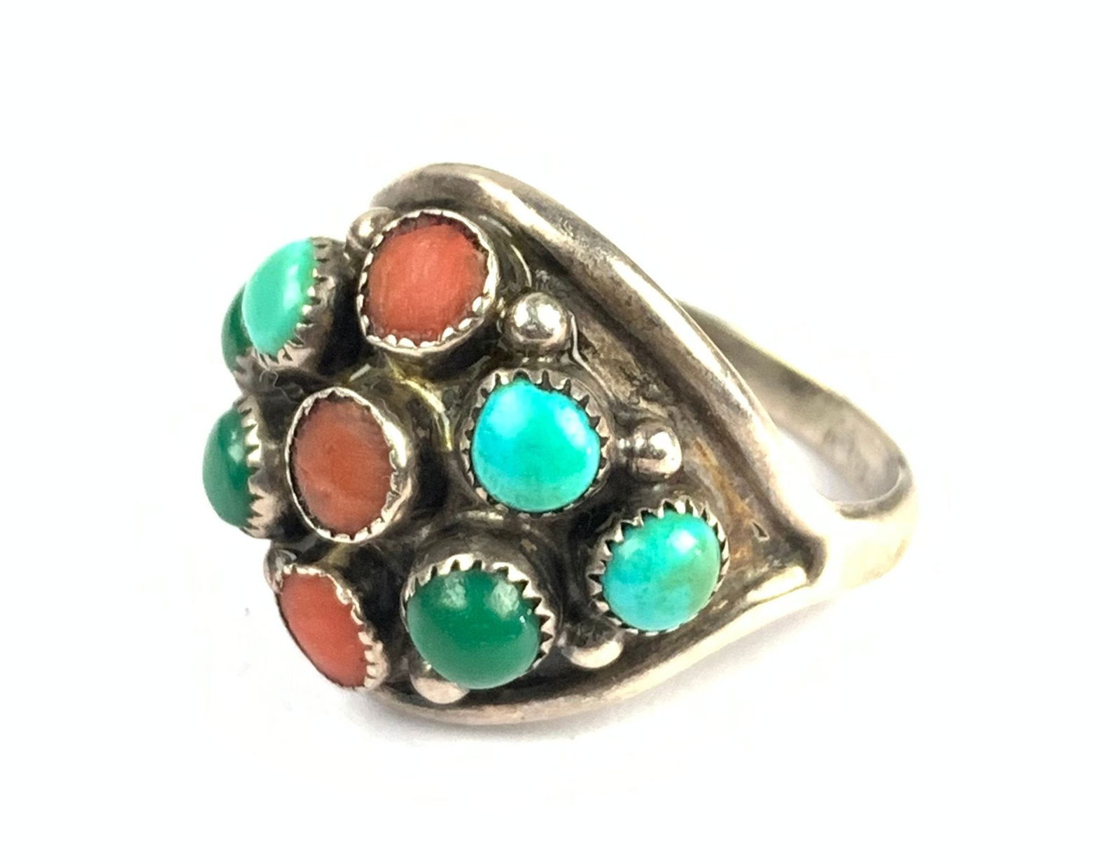 Zuni Mahooty Native American Sterling Silver Turquoise & Coral Cluster Ring - #JC-B: Hallmarked C&L Mahooty on the shank. Acid tests positive for sterling. Size: 10 Total Weight: 5.9 grams LOCAL PICK-UP: SATURDAY, FEBRUARY 21ST FROM 11AM-3PM. LOCATION: 35 MECHANIC STREET, AMENIA, NY 1
