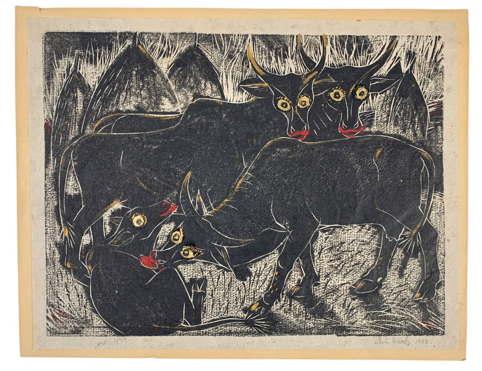 1958 Cattle Expressionist Woodcut Print, Signed - #S11-5L (1 of 6)