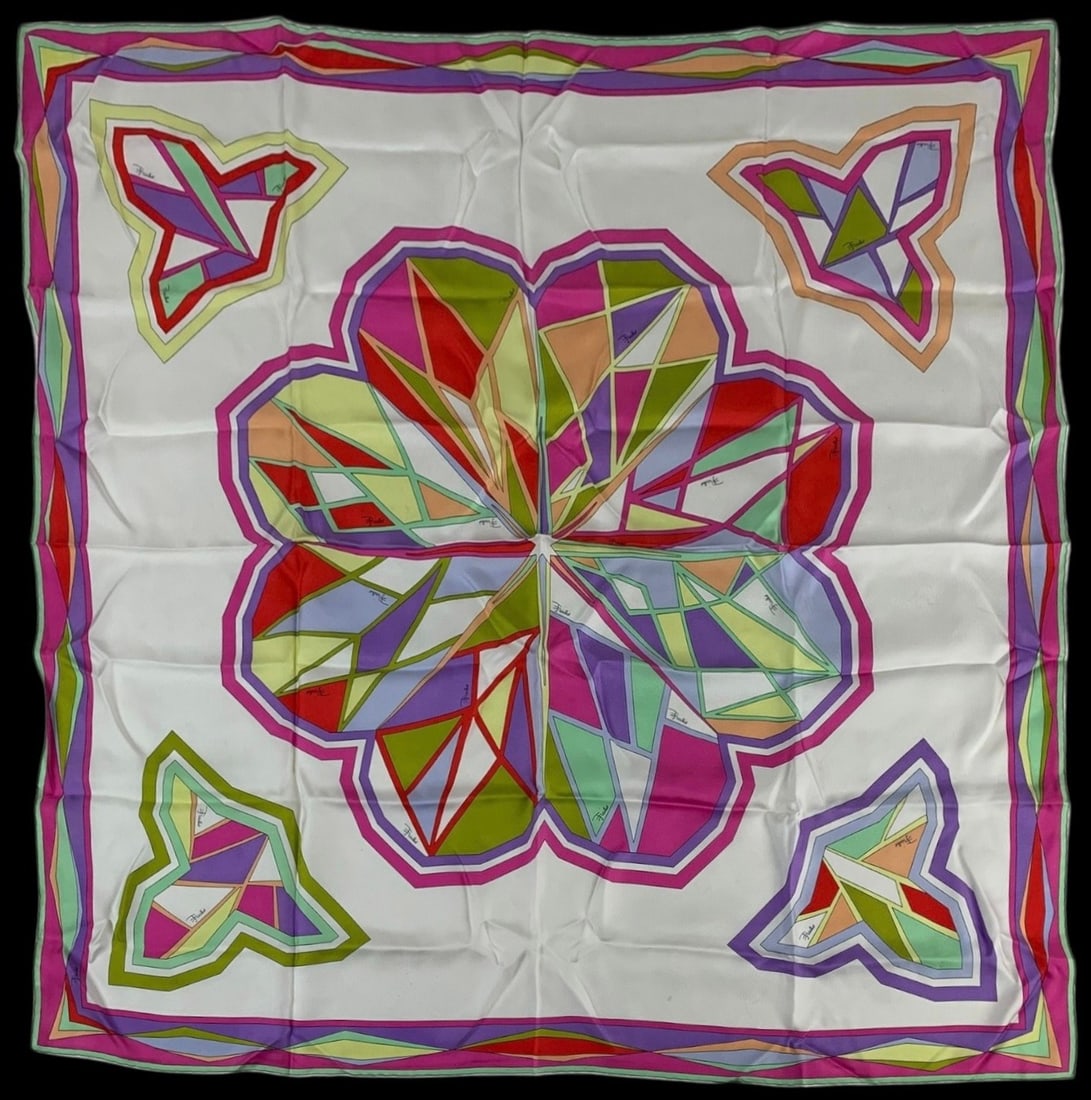 Emilio Pucci Geometric Silk Scarf - #S13-3: Featuring a vibrant geometric design with the Pucci signature printed throughout and rolled edges. Excellent pre-owned condition. Measures: 33" x 33" LOCAL PICK-UP: SATURDAY, FEBRUARY 21ST FROM 11AM-3