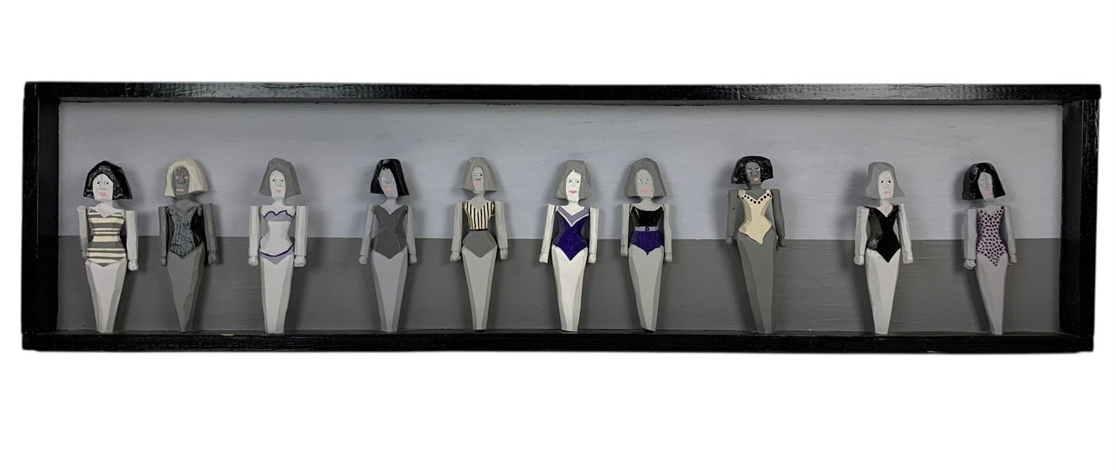 Bathing Beauties Carved Wood Folk Art Sculpture - #S4-4: Hand carved and painted. Arm are moveable at the joints. No visible signature. Framed without glass. Provenance: private estate, New York City Measurements: 12-1/4" x 47-3/4"W LOCAL PICK-UP: SATURDAY,