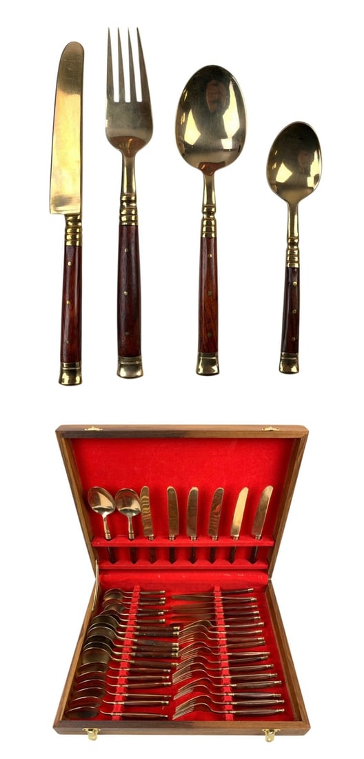 Mid Century Modern Brass & Rosewood 44-Piece Flatware Set - #S17-2 (1 of 9)