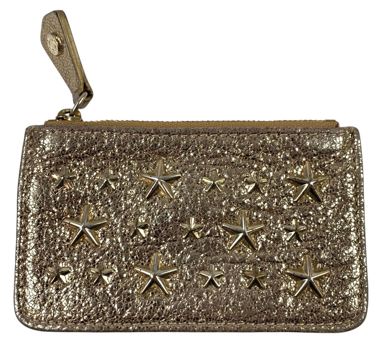 Jimmy Choo Gold Tone Star Studded Leather Credit Card Holder - #S10-3: Features a zippered compartment with an exterior slip pocket at reverse. Made in Italy. Hologram authentication sticker attached to the interior. Measures: 3"H x 5"W LOCAL PICK-UP: SATURDAY, FEBRUARY