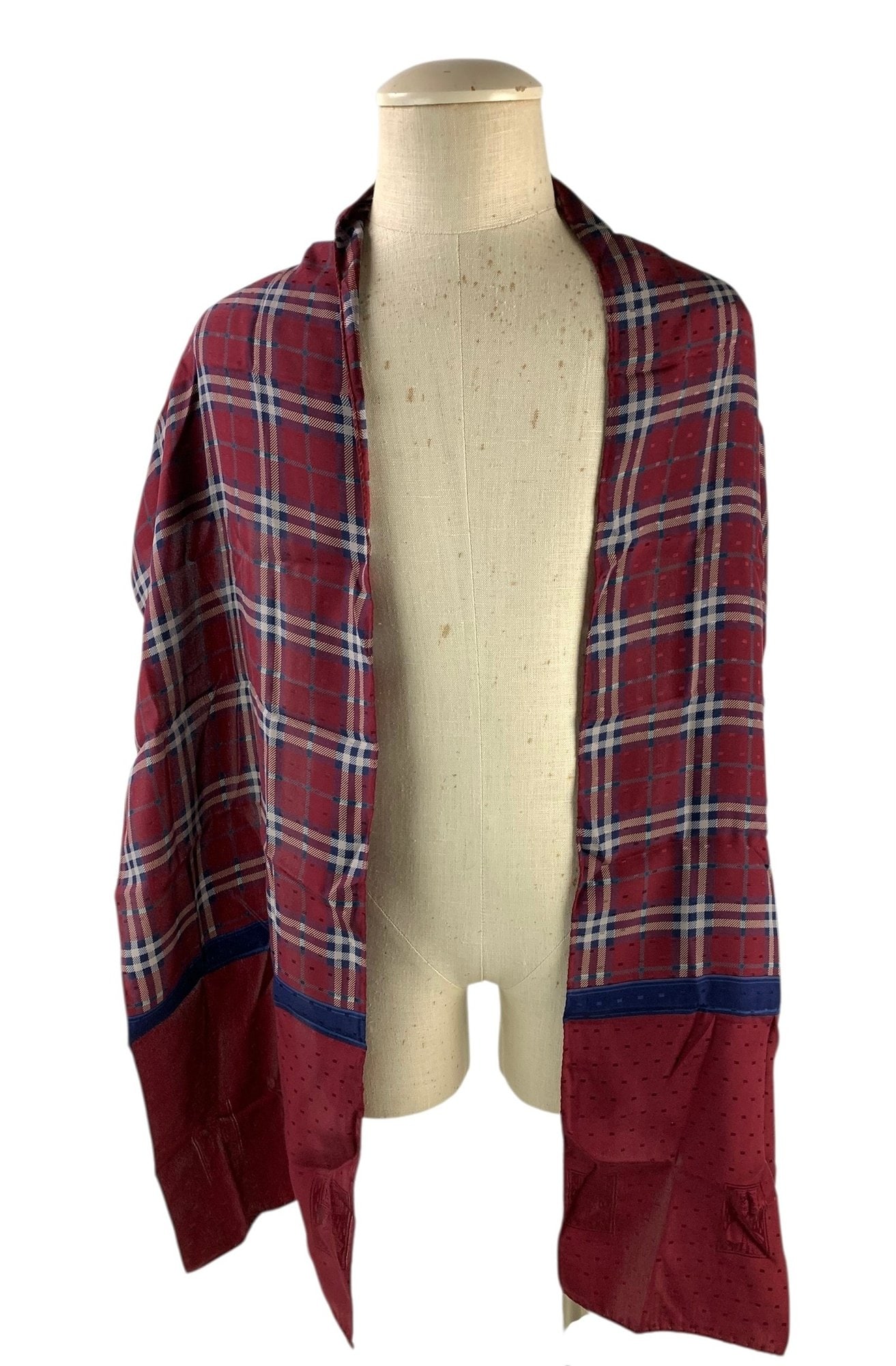 Burberry Silk Burgundy & Blue Plaid Scarf (Made In Italy) - #S2-4 (1 of 5)