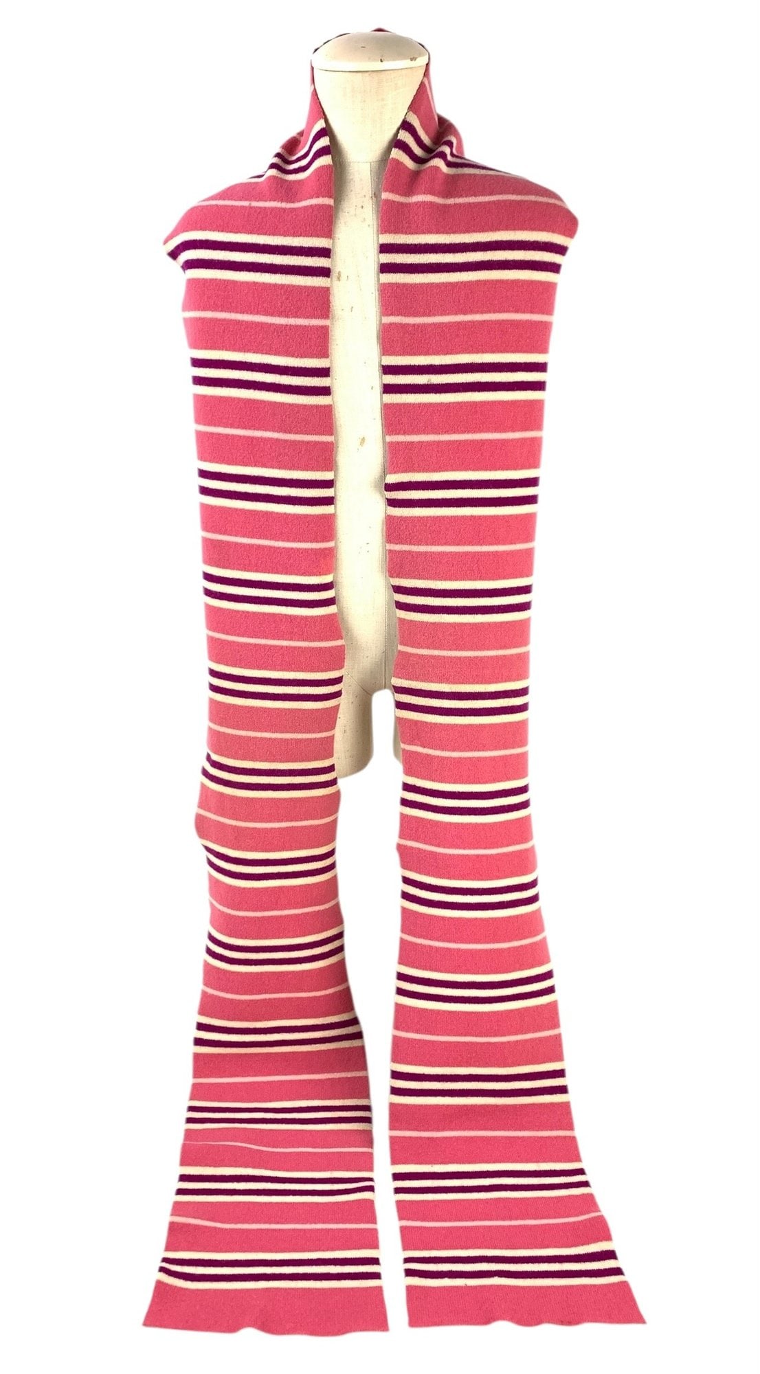 Burberry London Lambswool Scarf (Made In England) - #S2-4: Features pink, purple and cream stripes. Condition: good pre-owned condition - may have minor wear. Dimensions: 9"W x 108"L LOCAL PICK-UP: SATURDAY, FEBRUARY 21ST FROM 11AM-3PM. LOCATION: 35 MECHANIC