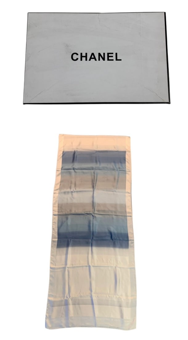 Chanel Blue Ombre Silk Scarf Wrap (Made In Italy) - #S23-3: Excellent pre-owned condition Includes original box. Scarf Dimensions: 145"L x 26.5"W LOCAL PICK-UP: SATURDAY, FEBRUARY 21ST FROM 11AM-3PM. LOCATION: 35 MECHANIC STREET, AMENIA, NY 12501 INVOICES MUST