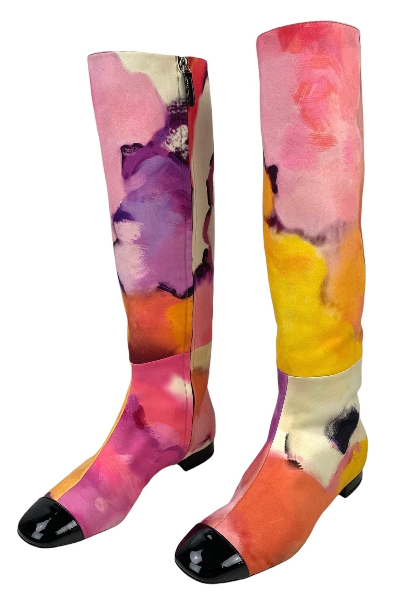 Chanel Vivid Watercolor Floral Print Black Patent Leather Boots - #S19-4 (1 of 14)
