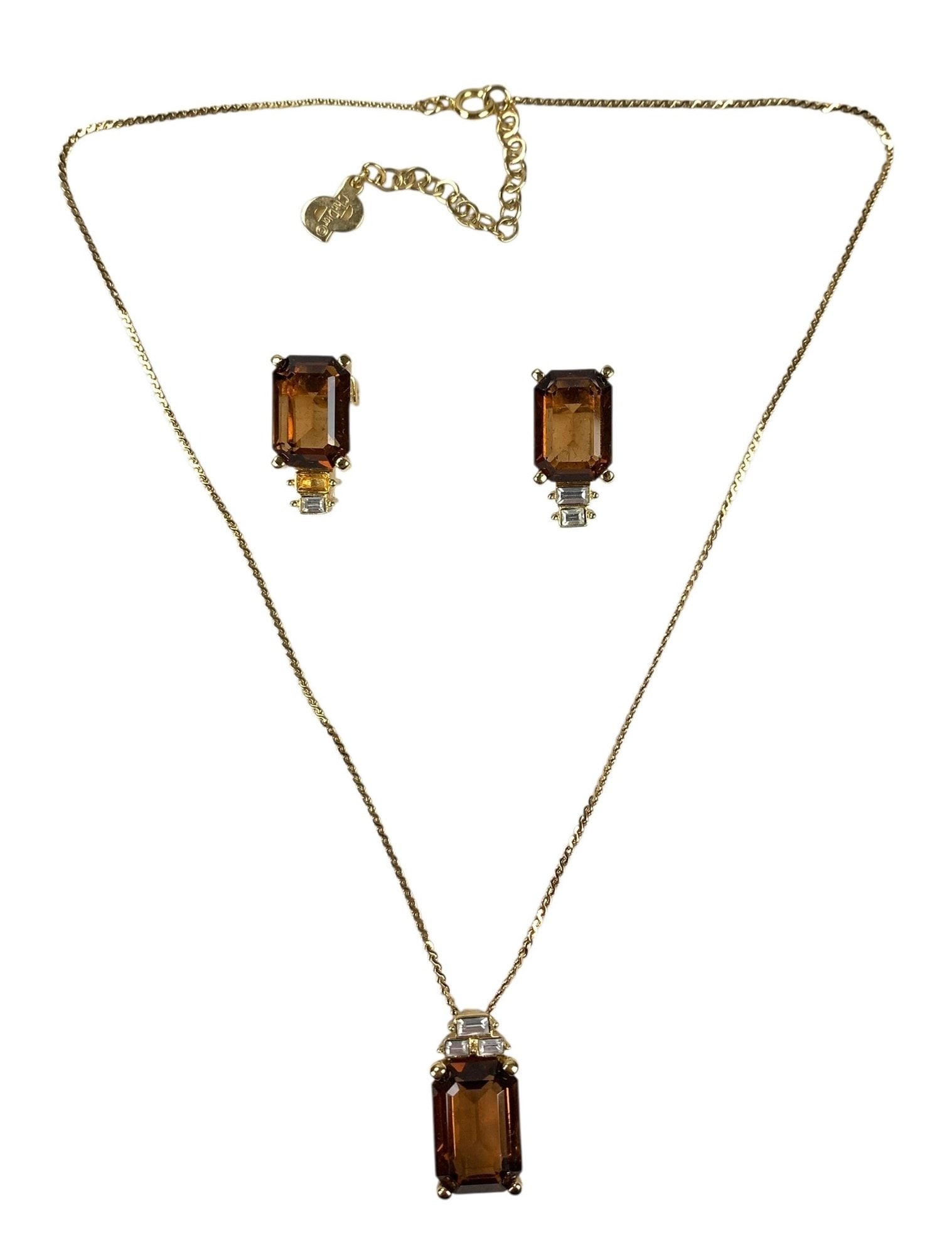 Christian Dior Gold Tone Smokey Brown Crystal Necklace & Earring Set - #S18-3: Christian Dior hallmark on the necklace clasp and hang tag - matching earrings are stamped on the backings. Set with smokey brown glass and clear rhinestones. Condition: wear consistent with age, ligh