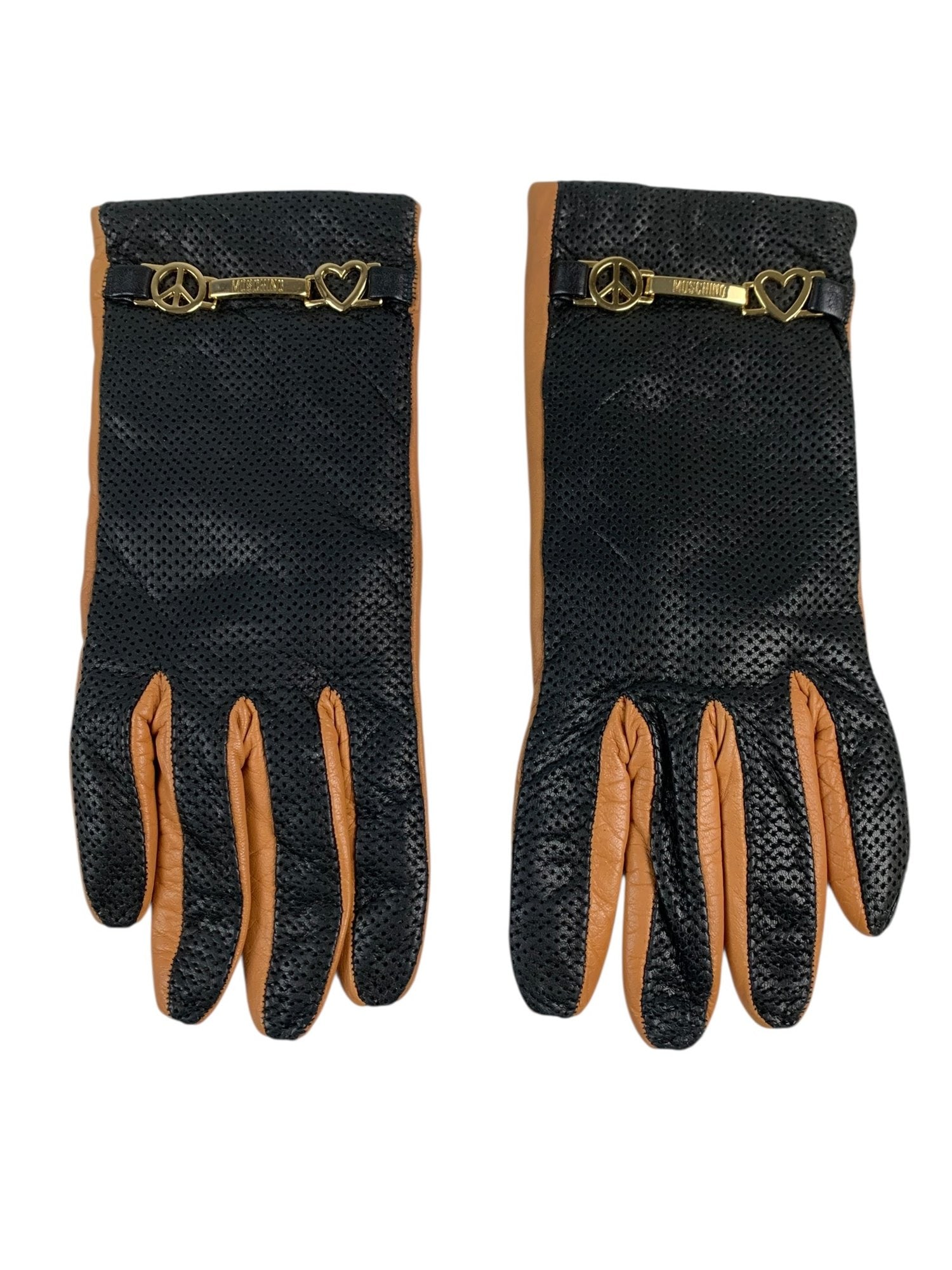 Moschino Love & Peace Lambskin / Cashmere Lined Driving Gloves (Made In Italy) - #S1-2: Black and orange perforated lambskin leather driving gloves with cashmere lining. Gold tone signature Peace & Love MOSCHINO name plate at the wrists. Wear consistent with light usage. Women's Size: 7.