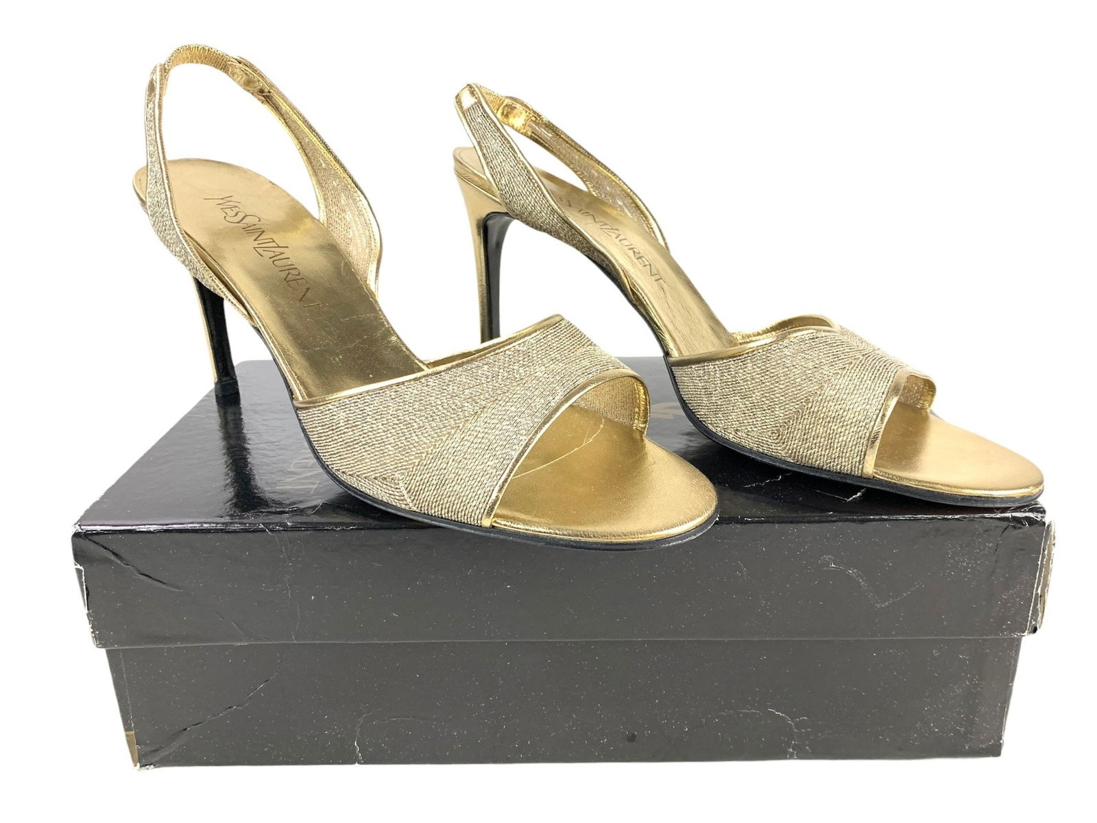 Yves Saint Laurent Giselle Gold Metallic Peep-Toe Sandals (Made In Italy) - #S16-3 (1 of 8)