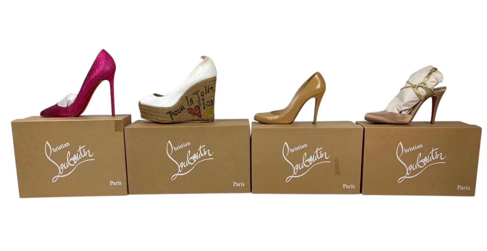 Collection Of Christian Louboutin Women's Shoes (Made In Italy & Spain) - #S10-2: Each pair includes the original box. Good pre-owned condition with some visible wear. Women's Sizes: 35, 35-1/2, 38, 40 LOCAL PICK-UP: SATURDAY, FEBRUARY 21ST FROM 11AM-3PM. LOCATION: 35 MECHANIC STRE