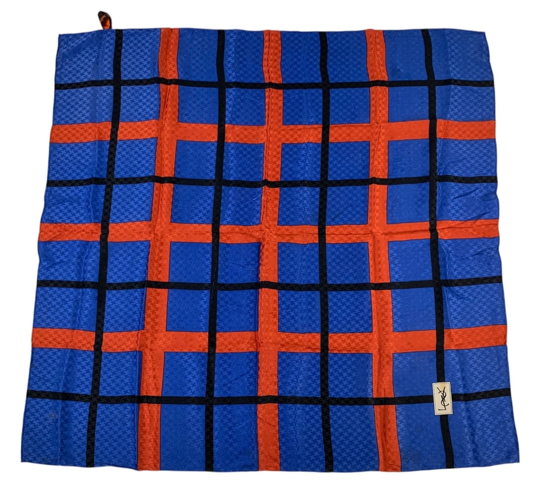 Vintage Yves Saint Laurent Plaid Silk Scarf (Made In France) - #S14-2: Features a windowpane plaid print on a houndstooth check background with hand rolled edges, and the YSL logo printed on the lower right. Condition: good condition overall - light stain on the logo box