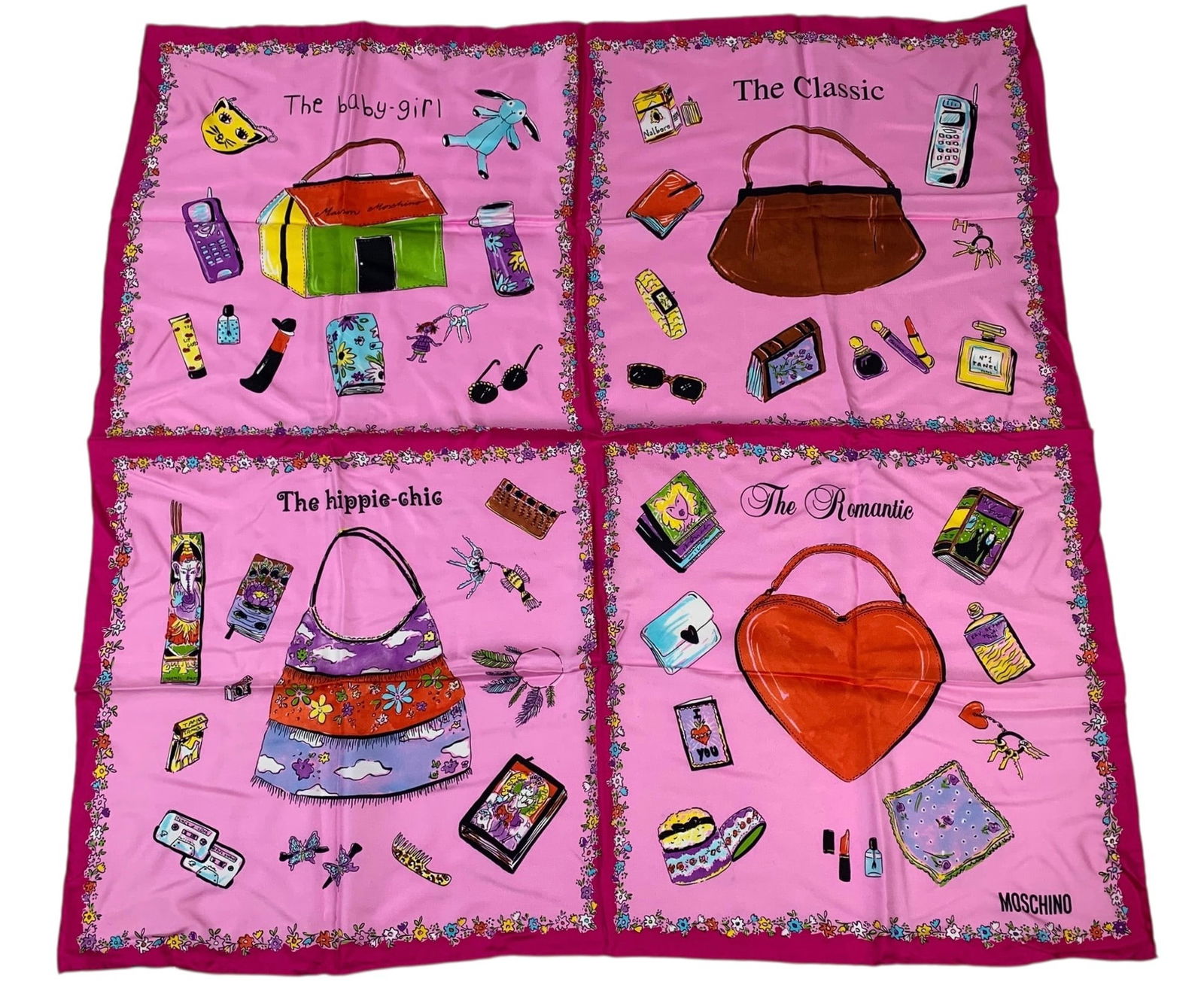 Moschino Silk Scarf Four Types Of Women, New With Tags (Made In Italy) - #S8-4: Includes original tags and package. Measures 32.5" x 32.5" LOCAL PICK-UP: SATURDAY, FEBRUARY 21ST FROM 11AM-3PM. LOCATION: 35 MECHANIC STREET, AMENIA, NY 12501 INVOICES MUST BE PAID PRIOR TO ARRIVAL.