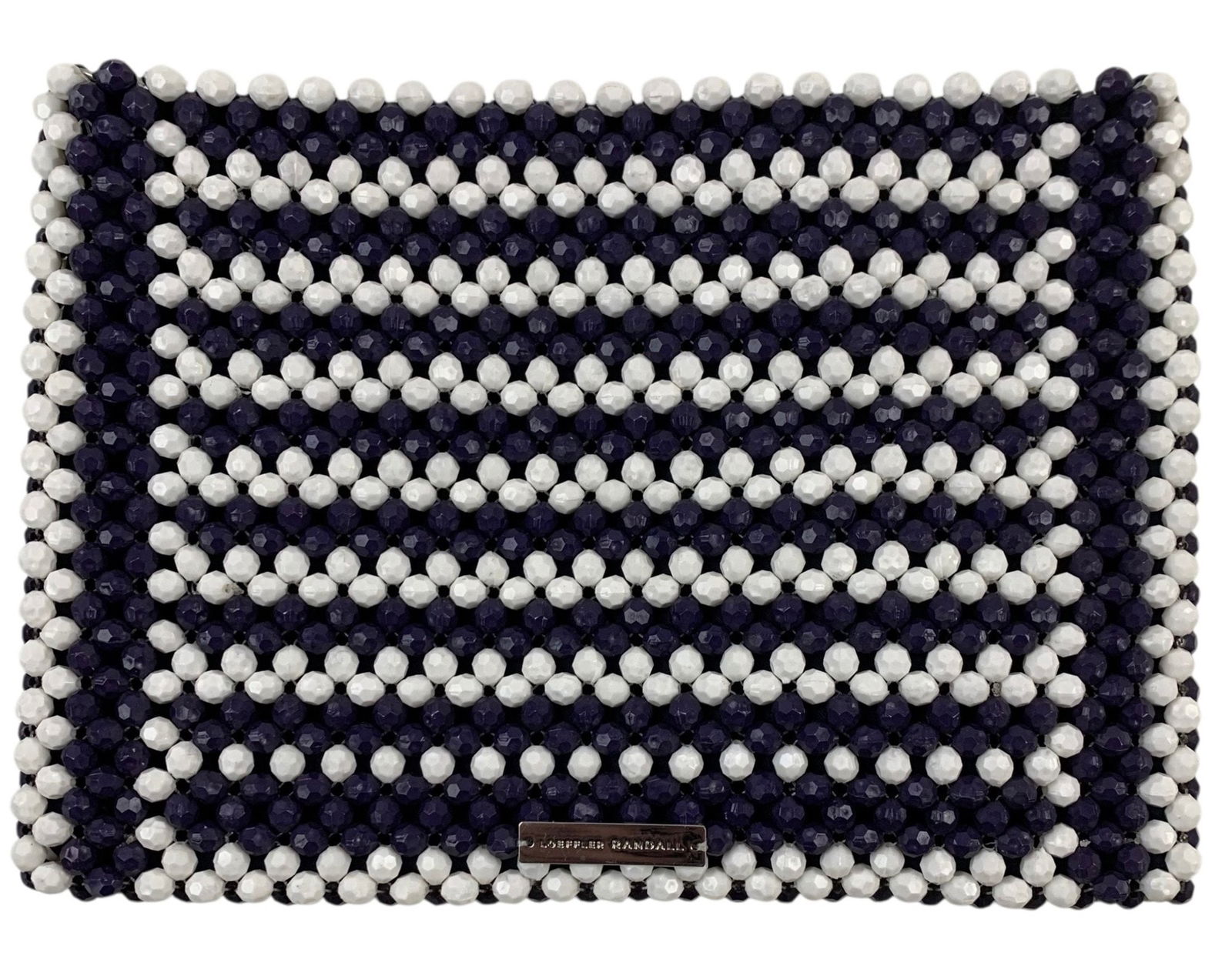Loeffler Randall Marleigh Beaded Crossbody / Shoulder Bag - #S2-3: Features: navy blue and white hand beaded exterior with removable crossbody strap. Lined with navy sateen fabric, double silver magnetic snap closure at interior top. Detachable square box-chainlink s