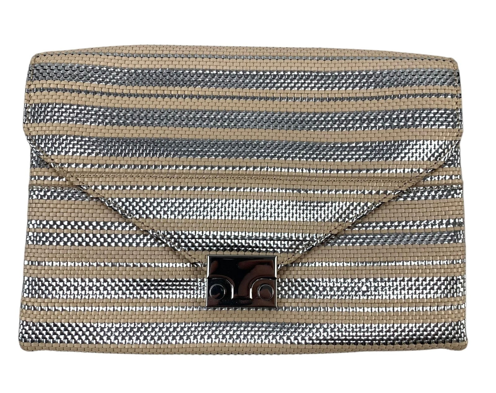 Loeffler Randall Metallic Crossbody / Shoulder Bag - #S1-2: Features silver and beige stripes with silver chainlink crossbody strap. Condition: excellent condition. Dimensions: 7"H x 10"W x 2"D LOCAL PICK-UP: SATURDAY, FEBRUARY 21ST FROM 11AM-3PM. LOCATION: 35