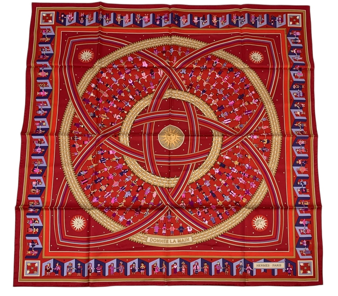 Hermes Donner La Main Silk Scarf (Made In France) - #S14-2: Designed by Karen Petrossian. Condition: overall excellent pre-owned condition. Small "S" stamp near the maker's tag. Dimensions: 34" x 34" LOCAL PICK-UP: SATURDAY, FEBRUARY 21ST FROM 11AM-3PM. LOCATI