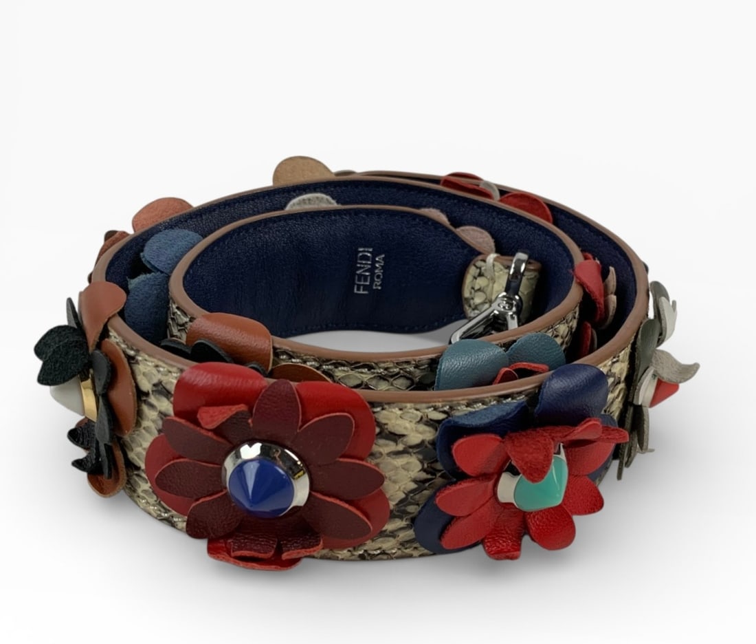 Fendi Flowerland Strap You Leather Shoulder Strap - #S15-3: Signature silver metal toggle style clasps at either end. Condition: very good condition with minimal wear. Length: 35" LOCAL PICK-UP: SATURDAY, FEBRUARY 21ST FROM 11AM-3PM. LOCATION: 35 MECHANIC STRE