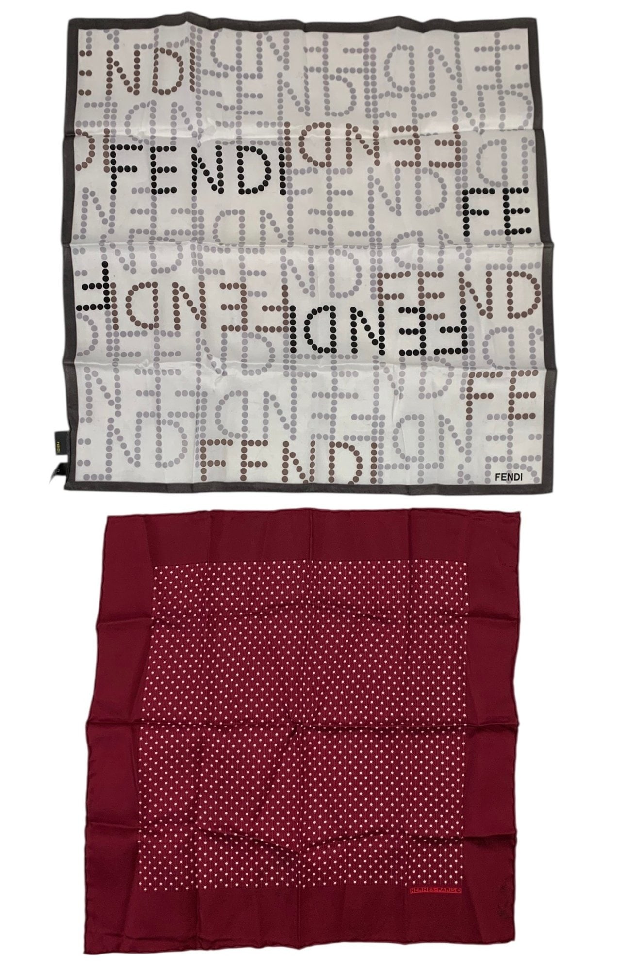 Fendi Polka Dot Logo Cotton Scarf & Hermes Red Polka Dot Silk Scarf - #S2-4: The Fendi scarf is made in Japan - appears to be in very good condition. The Hermes scarf is made in France - shows light signs of prior use including small stains at lower right corner near the Herme