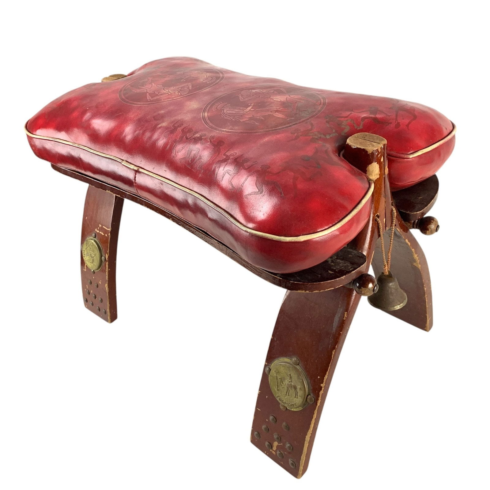 Vintage Egyptian Embossed Red Leather Camel Saddle Stool - #S3-5 (1 of 12)