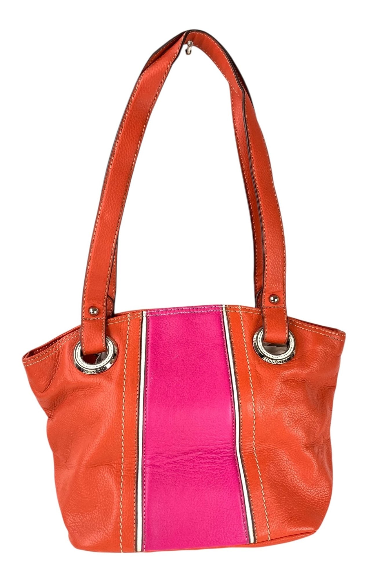 Tignanello Pink / Orange Leather Shoulder Bag - #S14-3: Vibrant colors with silver tone hardware. Tignanello logo printed material on the interior with zipper pocket and open compartment. Snap button closure. Condition: good pre-owned condition with minor