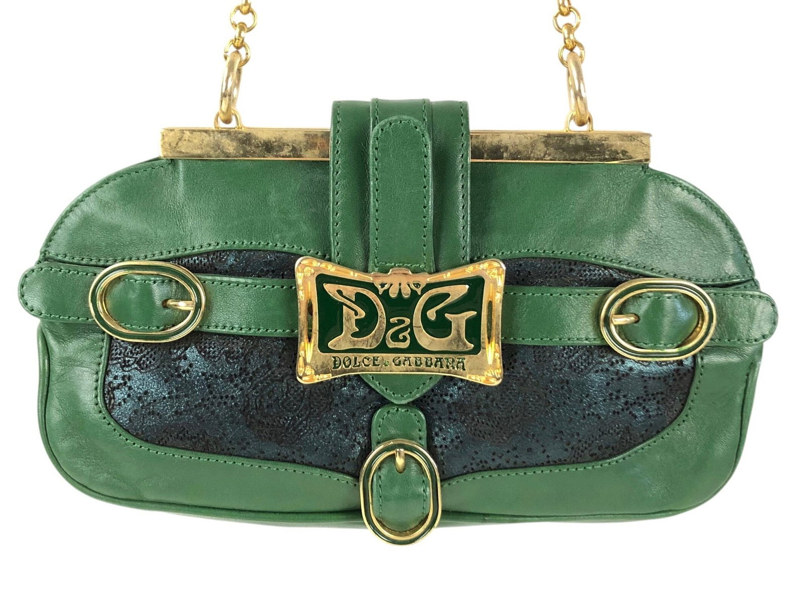 Dolce & Gabbana Green Leather Shoulder Bag (Made In Italy) - #S12-3: Features a green leather exterior with black lace pattern leather inset and gold tone hardware / strap. Lining: wool/mohair blend. Made in Italy. Condition: very good pre-owned condition overall. Gold