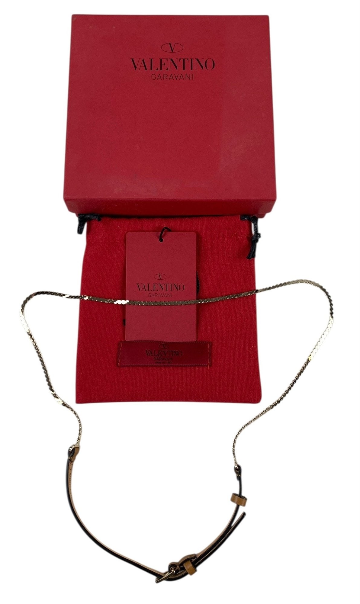 Valentino Garavani Tan Leather & Gold Tone Chain Belt - #S9-4: Includes original box, dust bag and tag. Embossed on the interior. Made in Italy. Length: 34" LOCAL PICK-UP: SATURDAY, FEBRUARY 21ST FROM 11AM-3PM. LOCATION: 35 MECHANIC STREET, AMENIA, NY 12501 INVOI