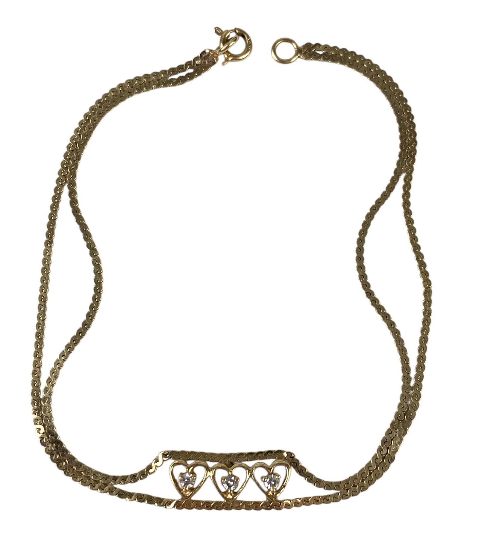 14K Yellow Gold Diamond Triple Heart Herringbone Chain Bracelet - #S-14-3: Stamped 14K on the clasp. Tested - genuine diamonds. Clasp needs repair - selling as-is. Total Weight: 2.6 grams LOCAL PICK-UP: SATURDAY, MAY 2ND FROM 11AM-3PM. LOCATION: 35 MECHANIC STREET, AMENIA, N