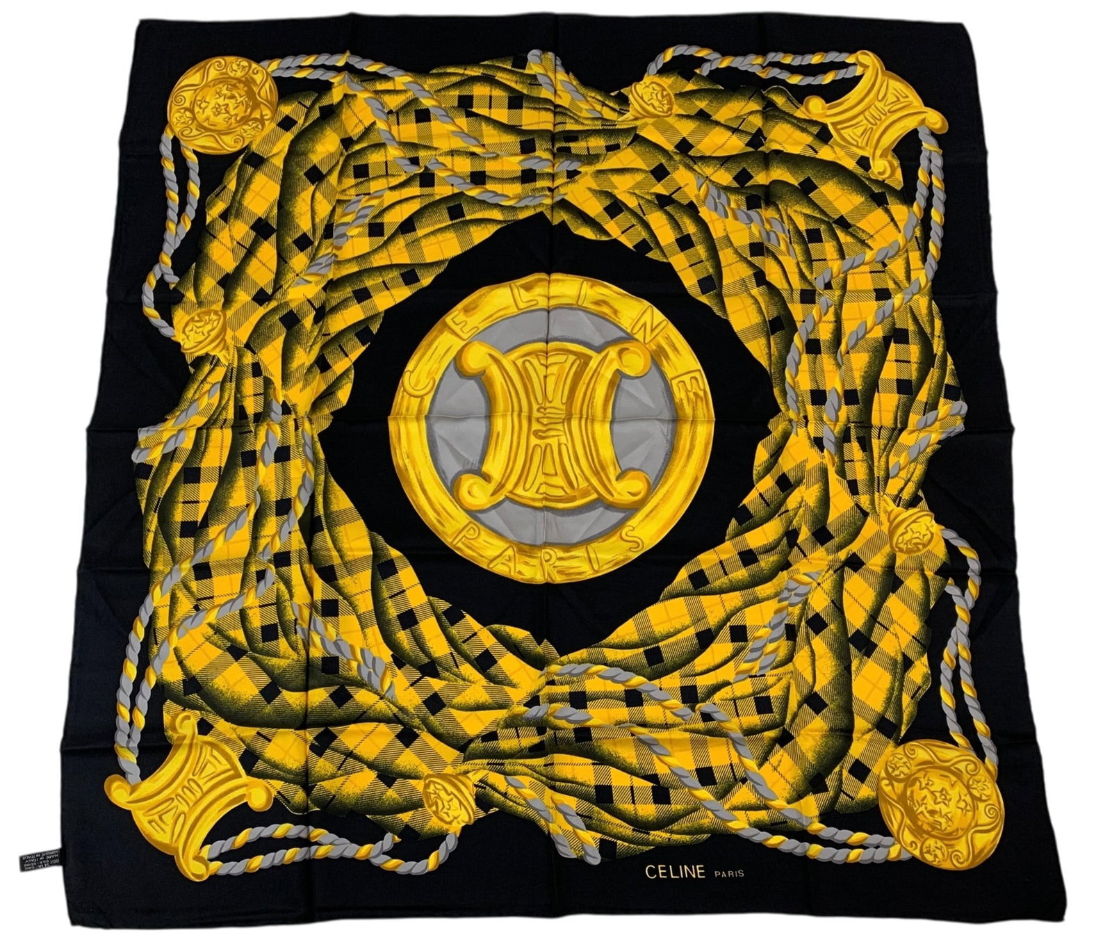 Celine Arc de Triomphe Tartan Plaid Silk Scarf (Made In Italy) - #S14-2: Includes original fabric content tag. Appears to be in excellent pre-owned condition.Dimensions: 34'L x 34"W LOCAL PICK-UP: SATURDAY, MAY 2ND FROM 11AM-3PM. LOCATION: 35 MECHANIC STREET, AMENIA, NY 12