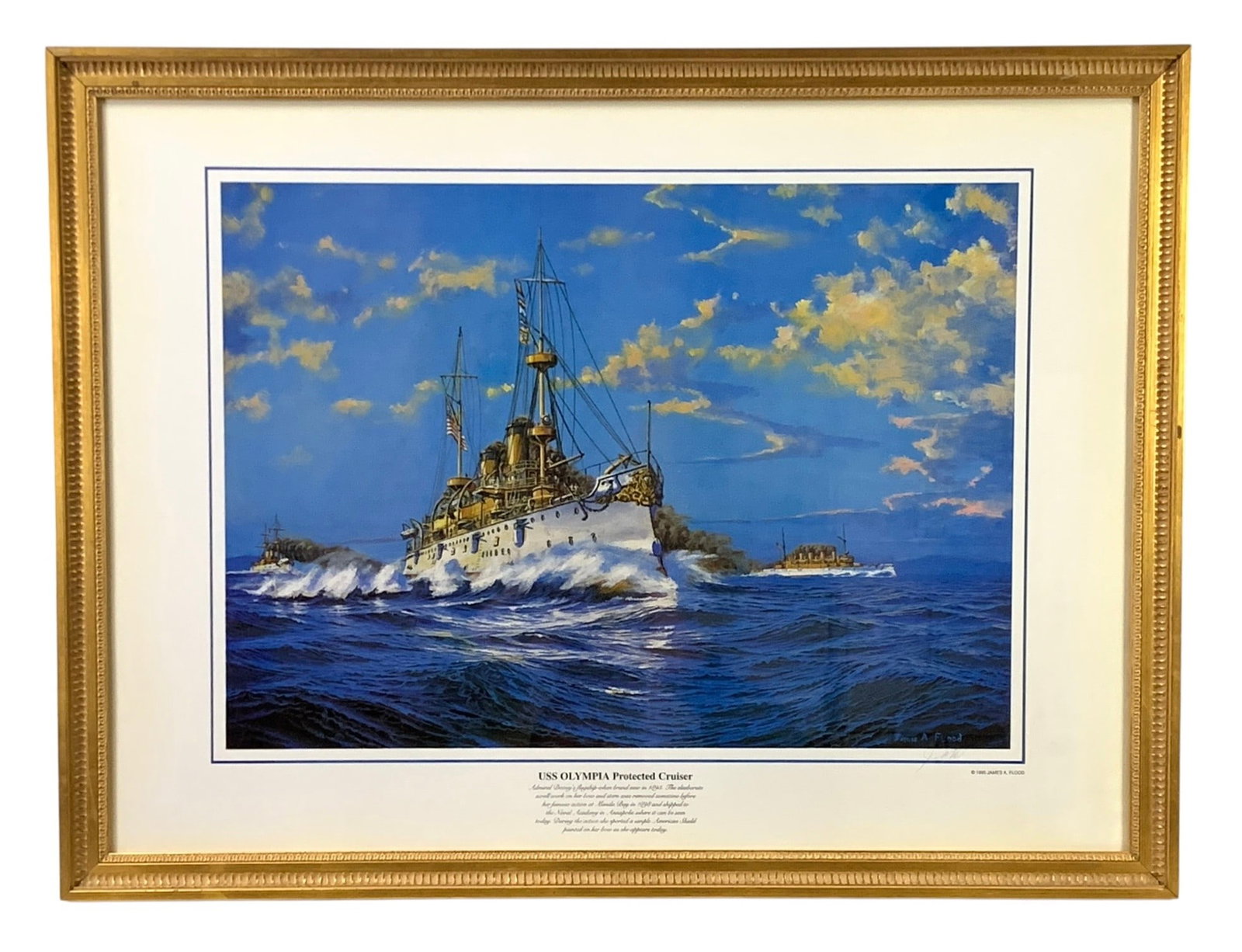 James A. Flood Signed USS Olympia Protected Cruiser Framed Print - #A10: Pencil signed on the lower right corner. Professionally framed under glass. Dimensions: 23-1/8"H x 30-1/2" LOCAL PICK-UP: SATURDAY, MAY 2ND FROM 11AM-3PM. LOCATION: 35 MECHANIC STREET, AMENIA, NY 1250