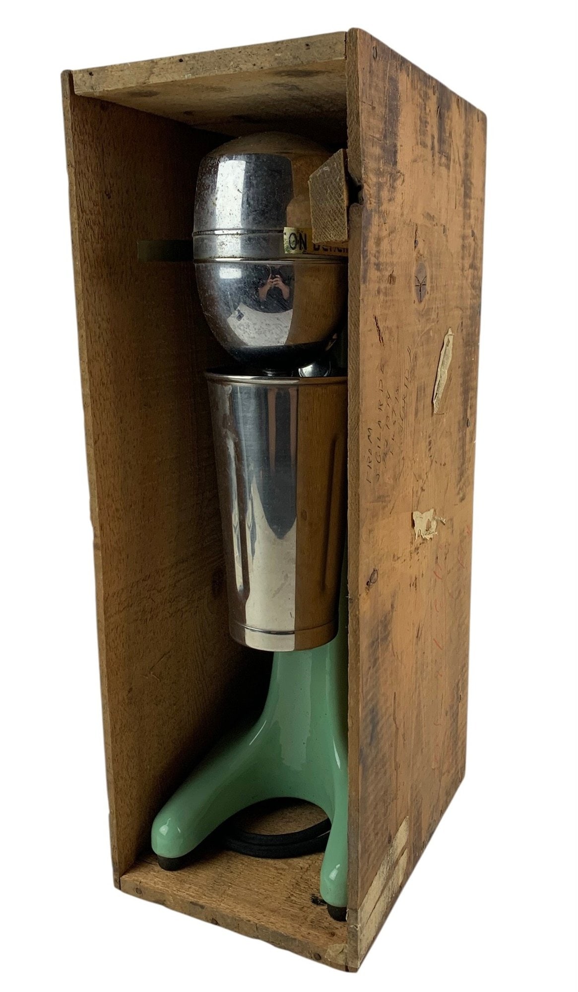 Hamilton Beach Drinkmaster No. 30 Milkshake Mixer With Original Wood Crate - #S17-1: Features a jadeite green base with chrome motor housing and cup. Includes the original Hamilton Beach freight wooden crate. Condition: Good working condition. Age appropriate wear such as pitting, sma