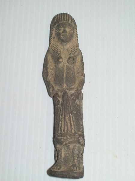 Pottery: Late period Egyptian faience ushabti, depicted mummiform c.664-525 bc, broken 5 inches high 2 inches wide.