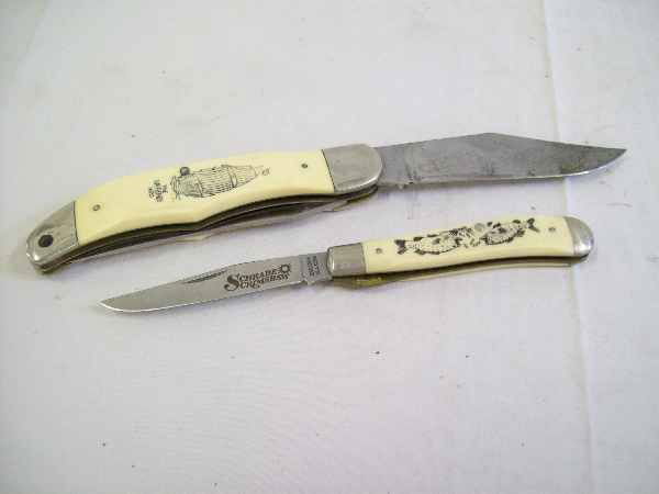 Knife: 2 knives including 1 Schrade USA scrimshaw with fish design (7 inches long opened) & 1 knife unmarked (10 inches long)