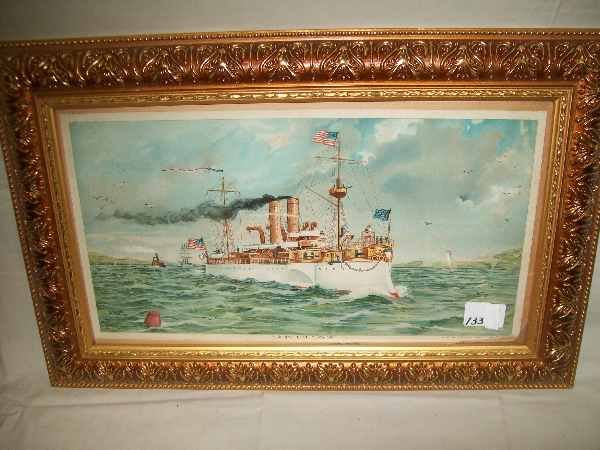 Chromolithograph: Chromolithograph U.S. Battle Ship Maine 1898 by M.F. Tobin US Navy. Image measures 9 inches high x 16 1/2 inches high