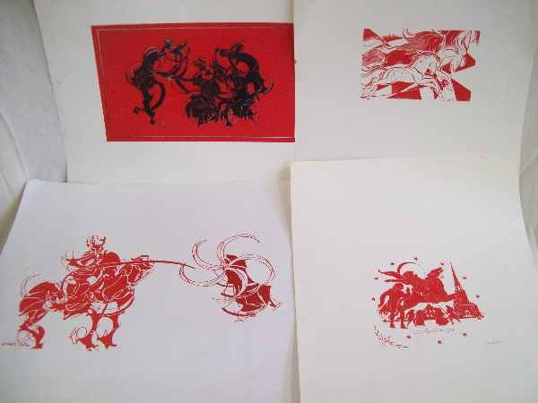 Artwork/Silk screen: 4 silk screens. 2 signed Alton S. Tobey, 2 signed Lumen Winter. Image size smallest 9 1/2 inches wide x 6 1/2 inches high, Image size larges measures 19 1/2 inches wide x 10 1/2 inches high. Some stai