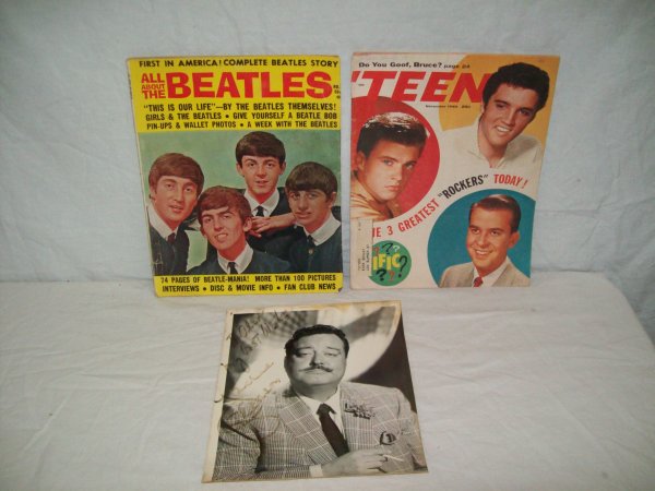 Photo: Autographed Jackie Gleason photo; Beatles magazine; Elvis magazine.