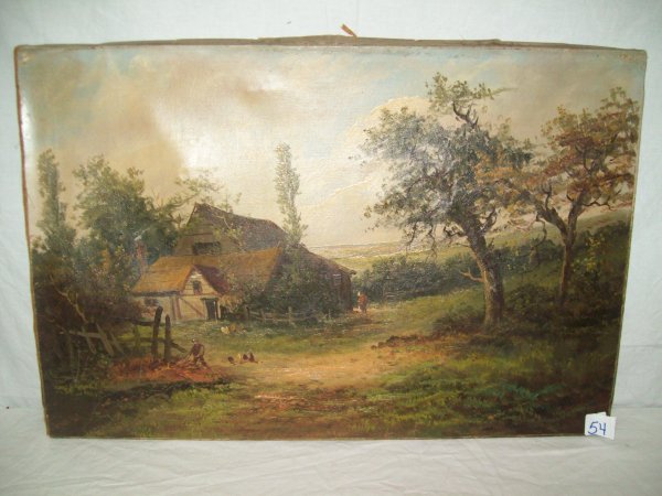 Artwork/Painting: Oil on canvas farm scene signed W. Yates Junior. Some damage. Image measures 16 inches high x 24 inches wide